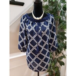 Priority Women's Navy White 100% Polyester Round Neck Long Sleeve Top Blouse 2XL